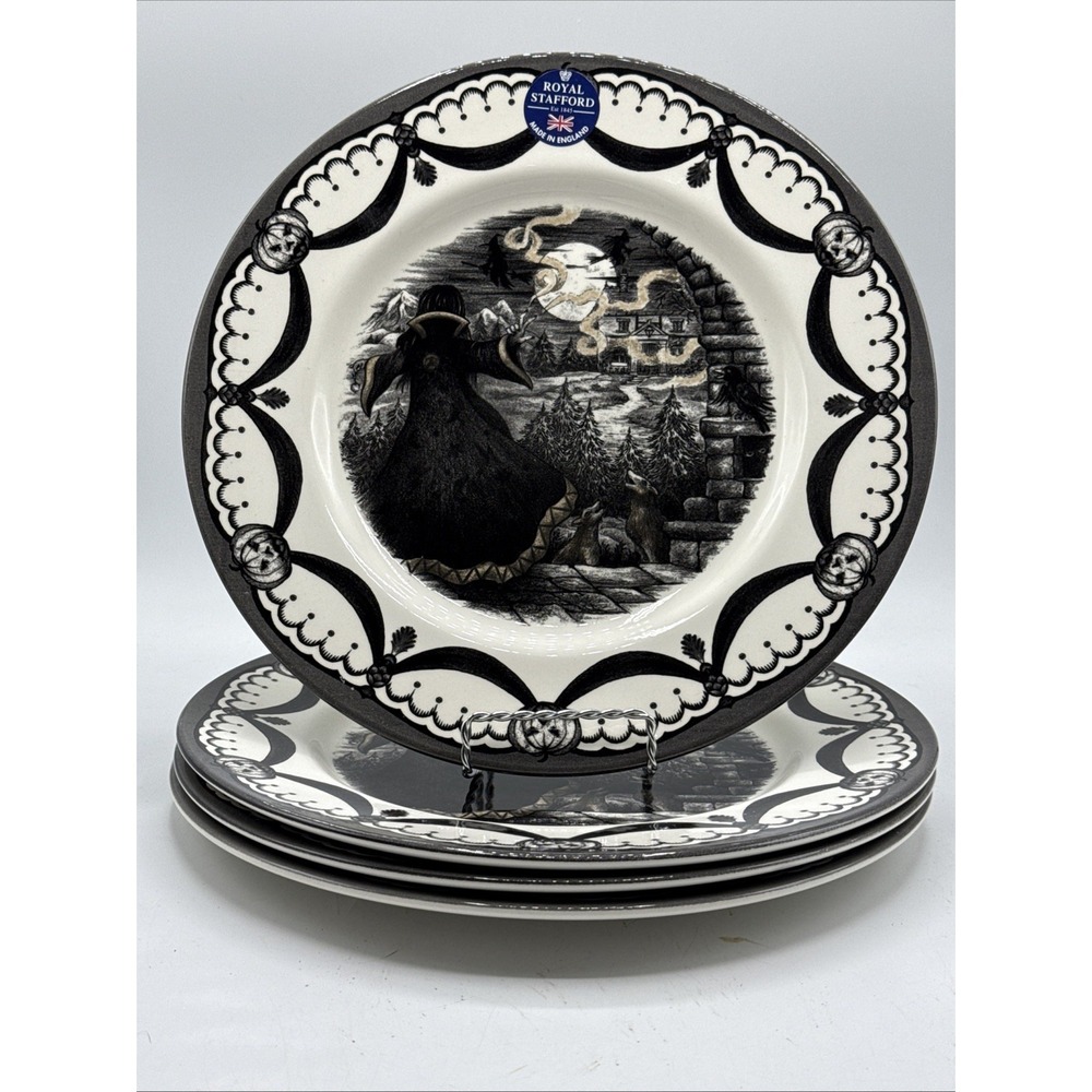 Set (4) Royal Stafford 11" Dinner Plates Witch Warlock Guardian Halloween New